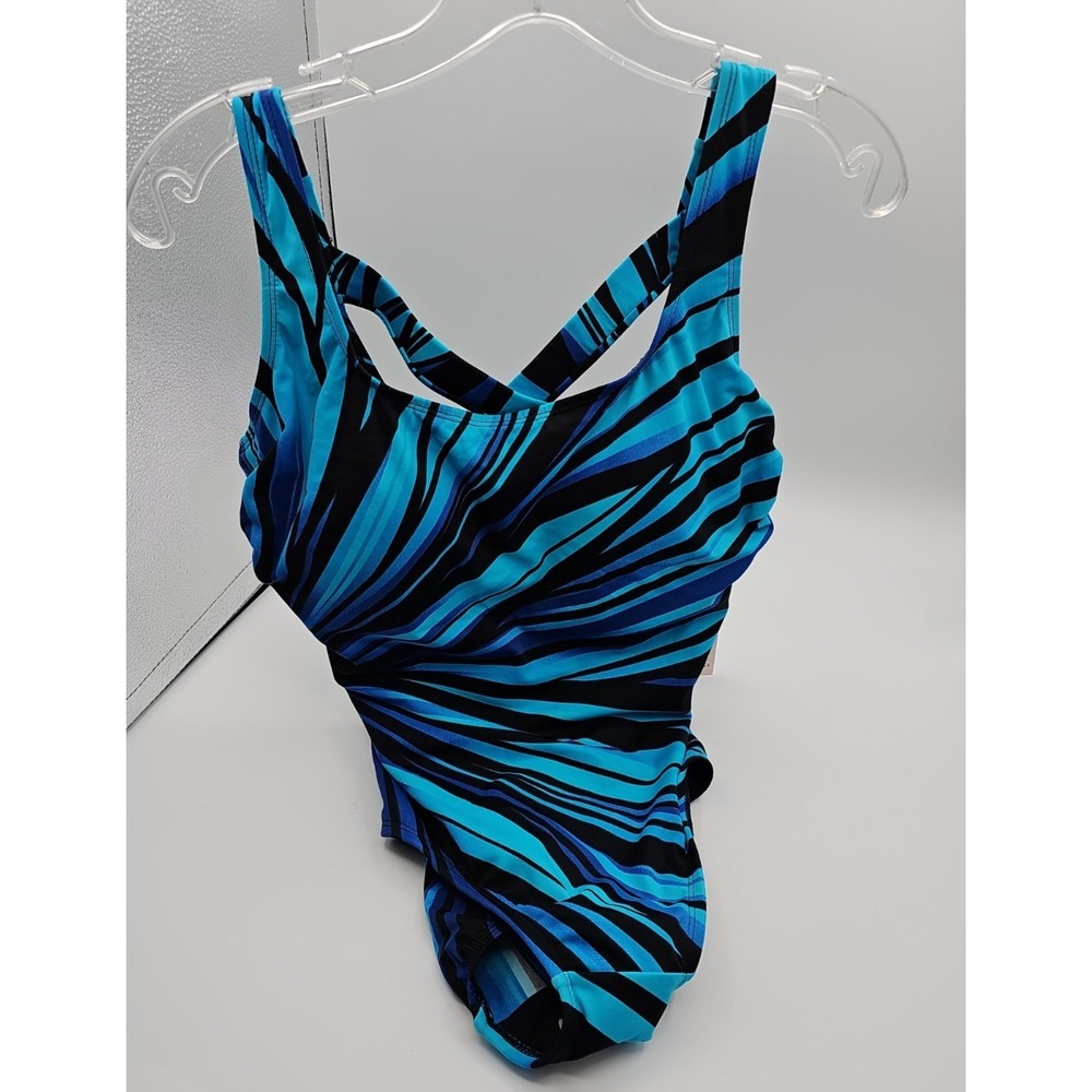 Studio Works One Piece Swimsuit Size 8 Blue Black Tummy Control NWT Women's